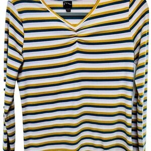 Art Class Girls XL 14/16 Ribbed Striped Lg Sleeve Ruched V-Neck Top Yellow Navy